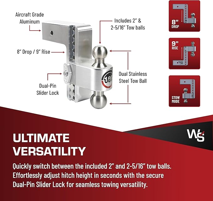Weigh Safe 180-Degree Trailer Hitch - Adjustable Trailer Hitch for Towing - Compatible with 3" Receivers - 8" Drop, Stainless Steel Tow Balls, 21,000 GTW, 2-Piece Lock Set