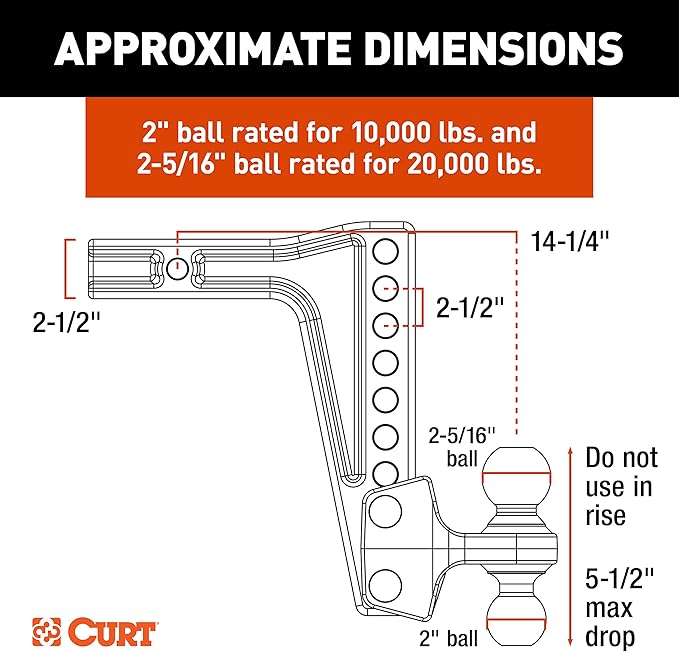 CURT 45939 HD Deep-Drop Adjustable Trailer Hitch Ball Mount with Dual Ball, 2-1/2" Shank, Up to 20,000 lbs