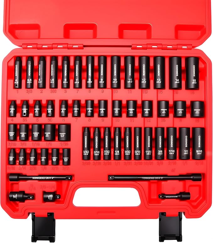 SONIGEKOSocket Set 1/4" Drive Impact Socket Set,55-Piece 6 Point Deep,Standard SAE and Metric CR-V Steel Sockets with extension bars: 2",4",6",Universal Joint, Adapter (1/4" 55 PCS SAE & Metric)
