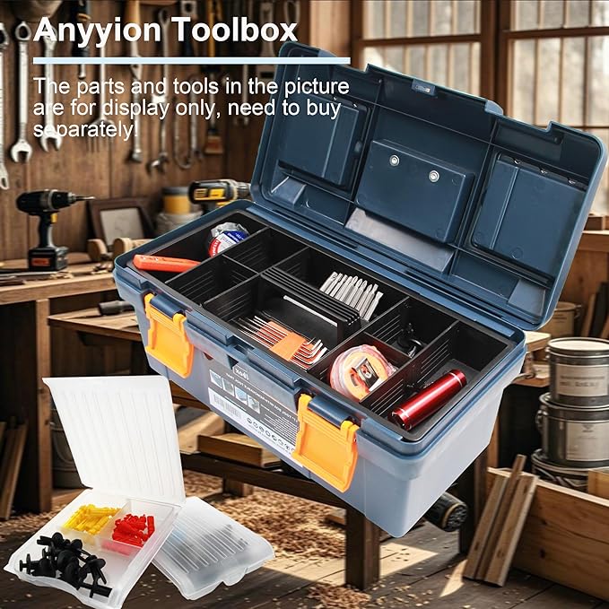 Anyyion 17 inch Tool Box with Removable Tray, Small Parts Box On The Lid is Removable, Tray Can be Removed and Combined at Will（Internal Size:16.3"L*7.8"W*6.5"H ）