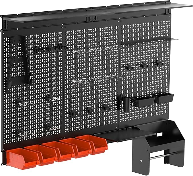 TORACK Metal Pegboard Wall Organizer 4ft Wide, Tool Storage Pegboard System for Garage with Accessories, Wall Mount Storage Bins, Shelves, Peg board Tool Organizer Kit for Workbench(Black)