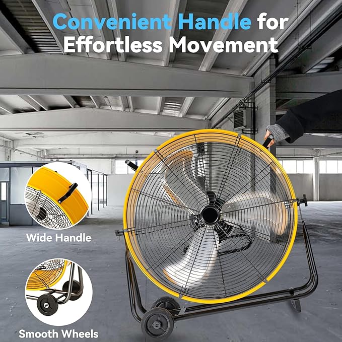 24 inch High Velocity Industrial Drum Fan, 8800 CFM Heavy Duty Metal Air Circulator, 3-Speed Floor Fan with 360° Tilt & Wheels for Warehouse, Workshop, Factory & Gym – UL Listed