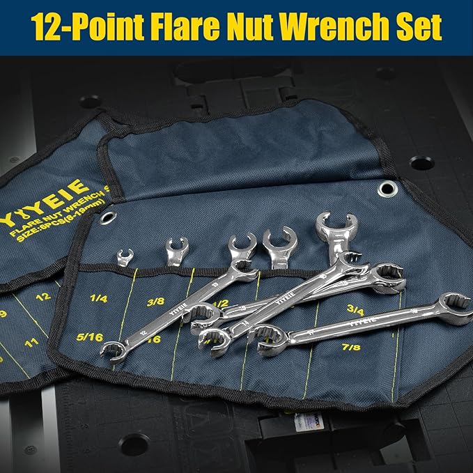 12-Point Flare Nut Wrench Set Metric & SAE, 8mm-19mm & 1/4"-7/8", 11PCS Offset Line Wrench Set for Brake, Fuel and Tubing, CR-V Steel, Double Open End with Organizer Pouch for Removing Nuts
