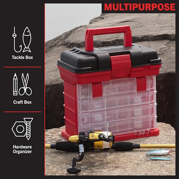 Portable Tool Box - Small Parts Organizer with Drawers and Customizable Compartments for Hardware, Fishing Tackle, Beads, or Crafts by Stalwart (Red)
