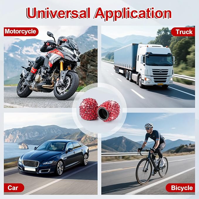 JUSTTOP 4 Pack Handmade Crystal Rhinestone Car Tire Valve Stem Caps, Universal Fit for Cars, Trucks, Motorbikes - Red