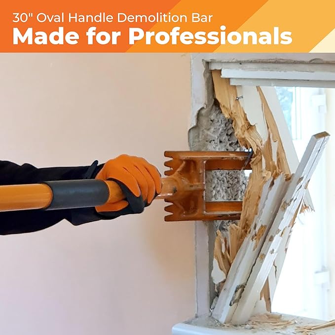 30” Demolition Pry Bar & Crowbar – Oval Handle Wrecking Bar for Ceiling & Wall Demo – Heavy Duty Nail Puller Tool for Contractors, Firefighters & Home Renovations