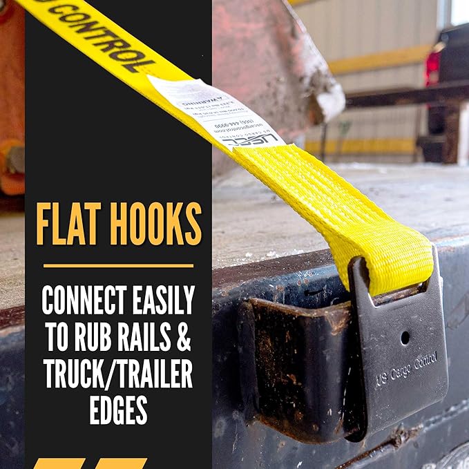 US Cargo Control Flat Hook Ratchet Strap, 2 Inch Wide X 27 Foot Long, Yellow Weather Resistant Webbing, 3,333 Pound Working Load Limit, Pallet of 320