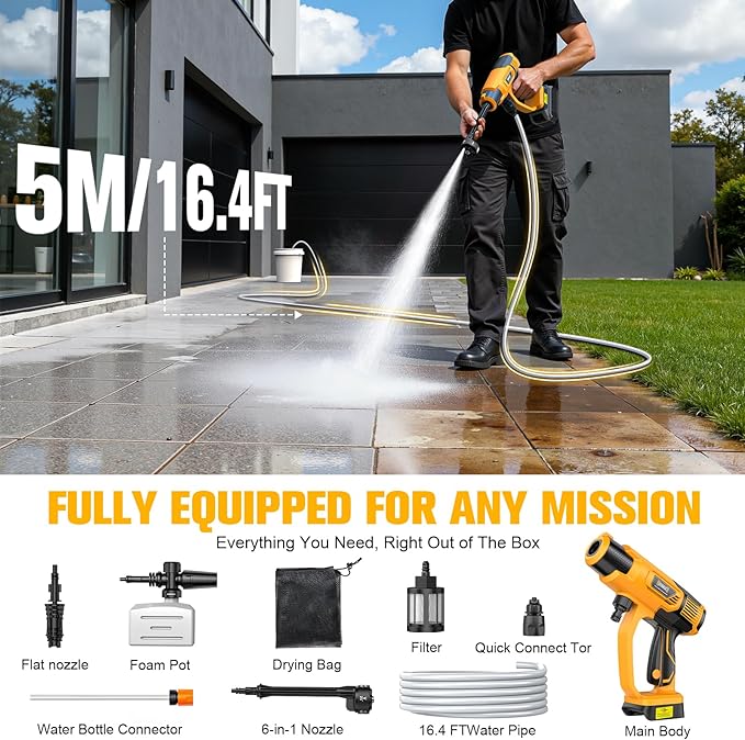 Cordless Pressure Washer Compatible with DeWalt 20V Battery, 800PSI Ultra-Light 2.2LBS with Brushless Motor, 16.4ft Hose & 6-in-1 Nozzle + Foam Cannon for Car, Patio, Fence (Tool Only)