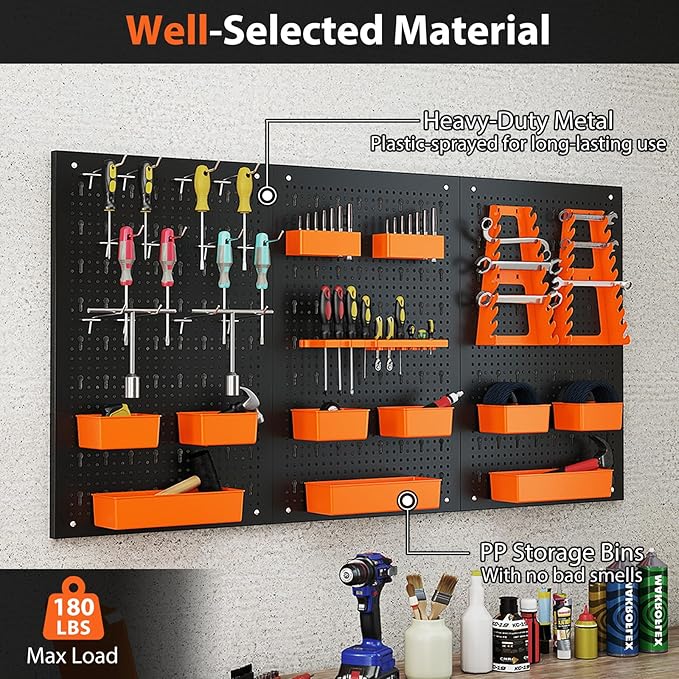 Goplus Pegboard Wall Organizer, 9-Bin Parts Rack Organizer w/Hammer Racks, Tool Holders & Hooks, Heavy-Duty Utility Tool Storage Board w/Accessories for Garage, Workshop, Craft Room