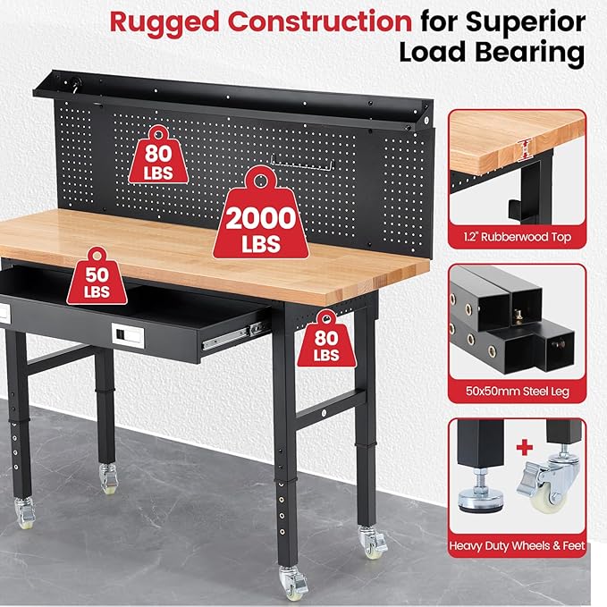 ENJOYWOOD Work Bench with Wheels 60 x 22 Inch Heavy Duty Rubberwood Tabletop Work Table Adjustable Height Garage Workbench with LED, Drawers, Pegboard, Power Outlets for Woodworking Shop, Home, Office