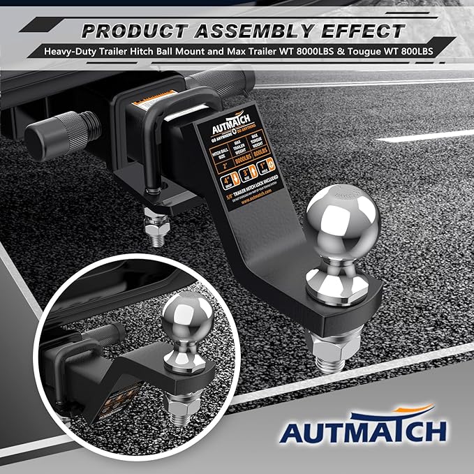 AUTMATCH Trailer Hitch Ball Mount with 2 Inch Hitch Ball - Fits 2" Receiver with Hitch Tightener, 8000Lbs Capacity Ball Hitch, 4-Inch Drop with 5/8" Hitch Lock Pin, Black