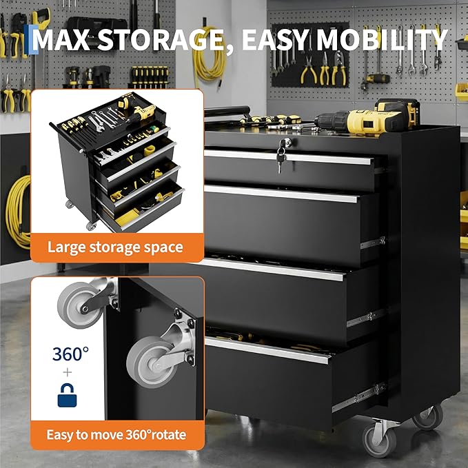 IDEALHOUSE Rolling Tool Chest, 4 Drawers Tool Storage Cabinet, Toolbox with Wheels, Portable Tool Cabinet Organizer with Locking System & Drawer Liners, Tool Storage Cart for Garage, Workshop, Black