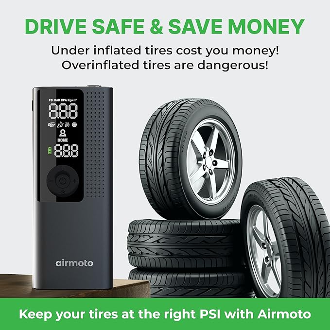 Airmoto and Carrying Case Bundle Deal - Tire Inflator Portable Air Compressor with Hard Case - Air Pump for Car Tires, Motorcycle, Bicycle - Cordless Tire Pump with Tire Pressure Gauge