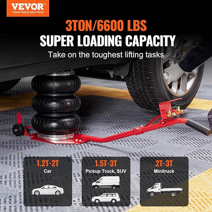 VEVOR Air Jack, 3 Ton/6600 lbs Triple Bag Air Jack, Airbag Jack with Six Steel Pipes, Lift up to 17.7 inch/450 mm, 3-5 s Fast Lifting Pneumatic Jack, with Long Handles for Cars, Repair, (Red)
