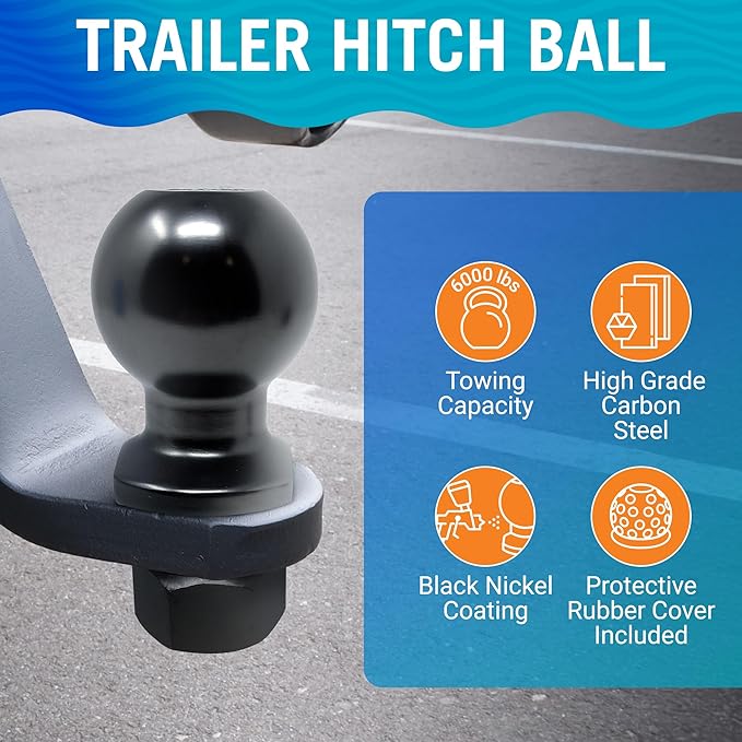 Better Boat 2 Inch Trailer Ball Hitch, 6000lbs Capacity, 1" Shank Diameter, 2" Long, Marine Grade Tow Ball for Boats or Towing
