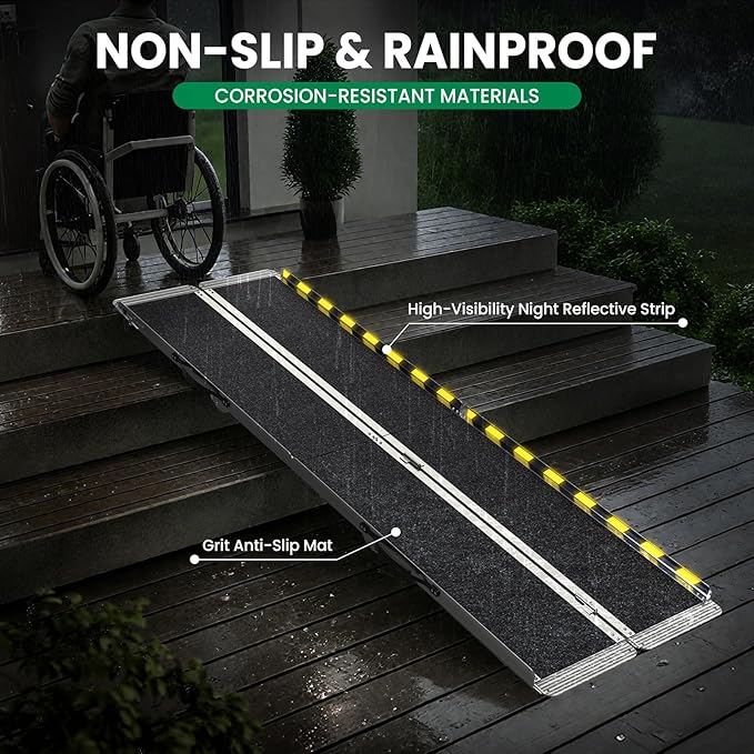 8 Feet Portable Wheelchair Ramp, 600 LBS Capacity Folding Aluminum Threshold Ramp with Anti-Slip Surface, Mobility Access Handicap Ramp for Home Steps, Doorway, Stairs, Doorways, Scooter