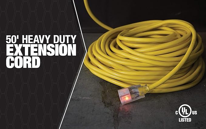 Southwire Outdoor Extension Cord, 50 Ft, 12 gauge 3 prong, Heavy Duty, SJTW Cord, Yellow, 2588SW0002