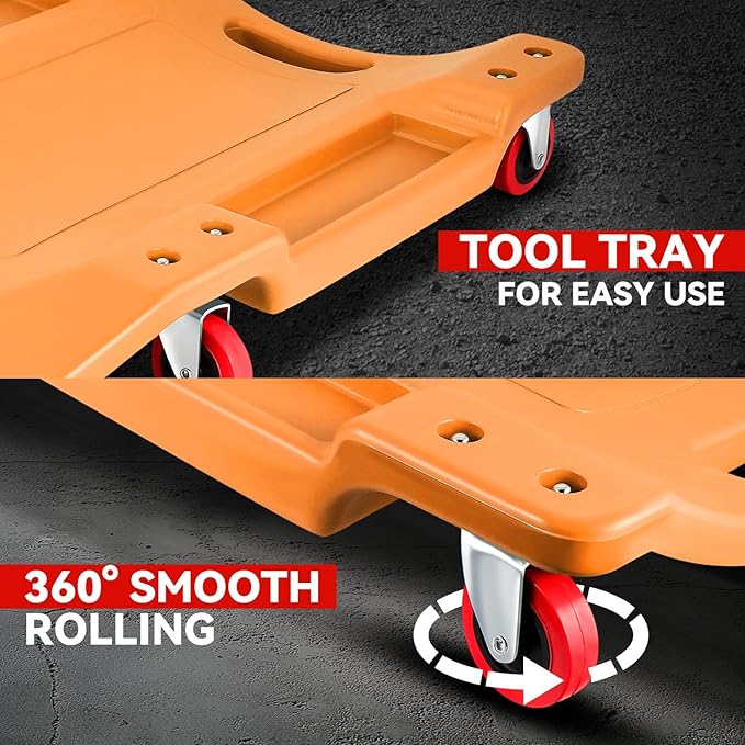 Auto Dynasty 36 Inches Mechanic Creeper, Automotive Garage Repair Low Profile Under Car Rolling Creeper with Padded Headrest, Plastic, Orange