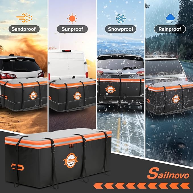 Sailnovo Hitch Cargo Carrier Soft Shell Bag Waterproof 20 Cubic Feet Cargo Bag for Hitch Carrier, PVC Trailer Hitch Storage Bag with 8 Reinforced Straps & Combination Lock & Storage Bag