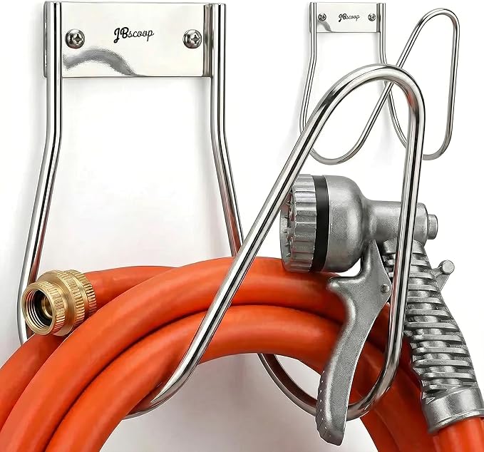 JBscoop Garden Hose Holder Stainless Steel Small Wall Mount Garden Hose Hook, Ideal for Water, Air, Hydraulic Hose, Ropes, Extension Cords Heavy Duty & Rust Proof Large Set of 2