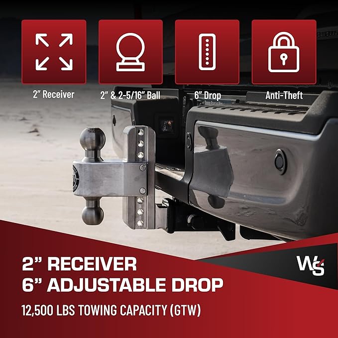 Weigh Safe Adjustable Trailer Hitch Ball Mount - 6" Adjustable Drop Hitch for 2" Receiver - Premium Heavy Duty Aluminum Trailer Tow Hitch w/ Stainless Steel Tow Balls (2" & 2 5/16") - 12,500 lbs GTW
