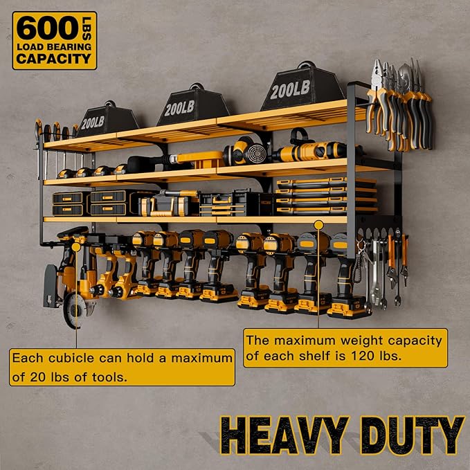 NattyDot 48" Large Power Tools Organizer Wall Mount,12 Drill Holder for Garage, Workshop Heavy Duty Storage Rack (Yellow)
