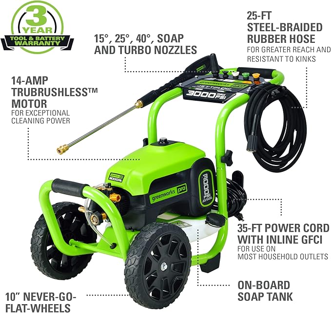 Greenworks 3000 PSI (1.1 GPM) TruBrushless Electric Pressure Washer (PWMA Certified) & Karcher Pressure Washer Multi-Purpose Cleaning Soap Concentrate – for All Outdoor Surfaces – 1 Gallon