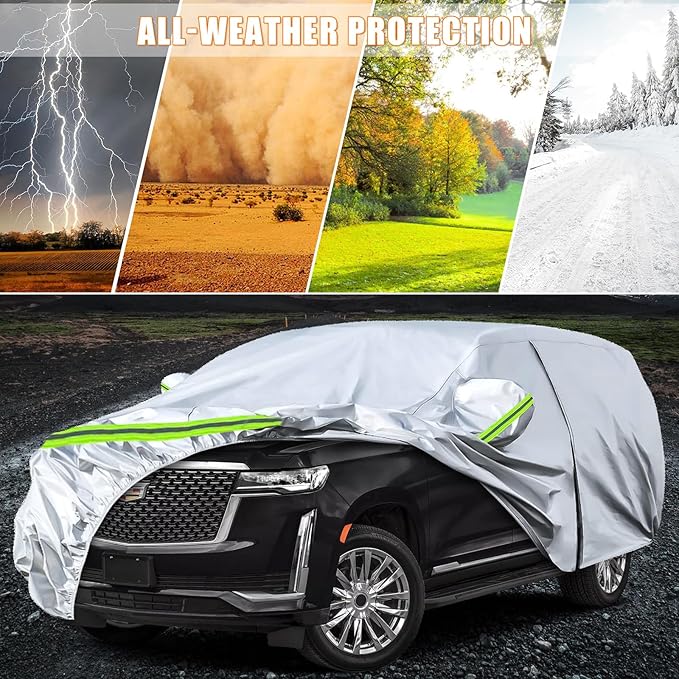 Waterproof Car Covers Replace for 2007-2025 Chevy Suburban/GMC Yukon XL/Cadillac Escalade ESV, 6 Layers Silver All Weather Car Cover with Zipper Door for Snow Rain Dust Protection