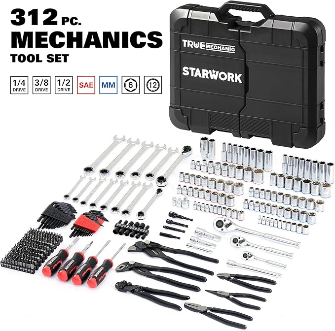 STARWORK TRUE MECHANIC 312-Piece Mechanics Tool Set and Socket Set, Professional 【Pliers Wrench】 SAE/Metric, Mirror-Finish Sockets & Ratchet Wrenches