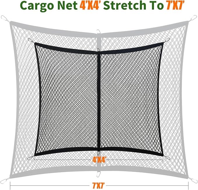 Cargo Net for Pickup Truck Bed, Highly Elastic Truck Bed Net, Suitable for Daily Light Loads of Trucks, 4'x4' Stretches to 7'x7', with 6 Metal Carabiners