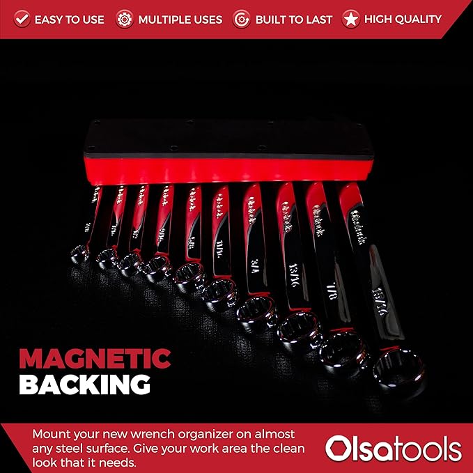 Olsa Tools Magnetic Wrench Organizer - Red - Holds SAE 3/8" to 15/16" & Metric 10mm to 19mm Wrenches - Durable Tool Storage Solution - Part 1003