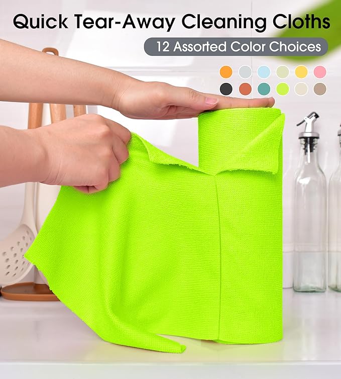 KitchLife Microfiber Cleaning Cloth Roll - Tear-Away Reusable Microfiber Paper Towels, Lint-Free, Washable, 20 Sheets for Kitchen, Car, Dishes, and Sensitive Surfaces (Neon Green)