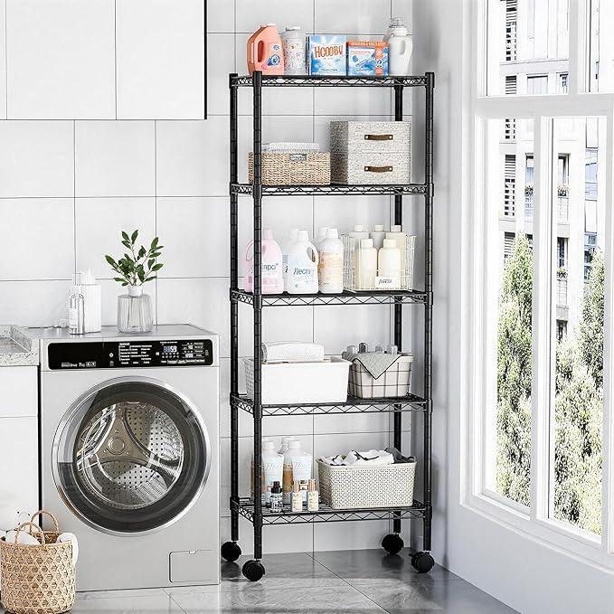 DUMOS Industrial 5 Level Grid Storage Rack ，Mobile Metallic Shelving System with Lockable Wheels， Multi-Purpose Cabinet for Workshop, Culinary Space, Storeroom, Washroom & Restroom Black