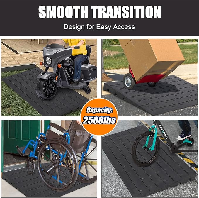 Towallmark Rubber Threshold Ramp, 3'' Rise Portable Wheelchair Ramp for Home Steps, 2500LBS Capacity Curb Ramp Handicap Ramps for Wheelchairs Driveway Mobility Scooters with 3 Channels Cord Cover
