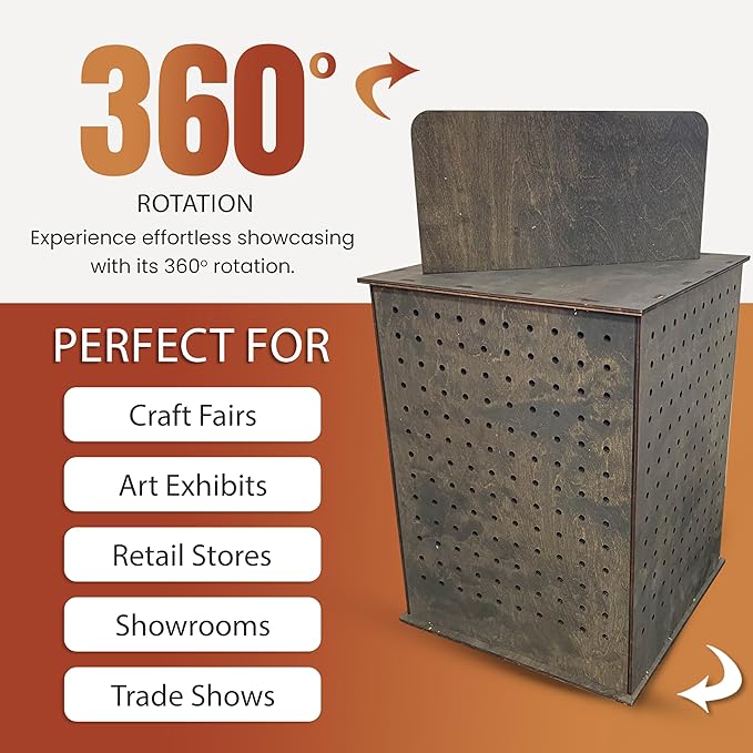TORCHED DISPLAYS Rotating Display Stand | 22.5 x 16.76-inch | Rotating Organizer Wood Pegboard | Pegboard Display Stand for Craft Shows, Vendor Events, Jewelry, Accessories | Ebony