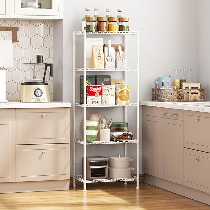 HOMEFORT 5-Shelving Unit, Adjustable Wire Shelving, Metal Wire Shelf Rack Organizer for Kitchen, Pantry, Closet, Bathroom, Laundry, White,21" W x 11" D x 53" H