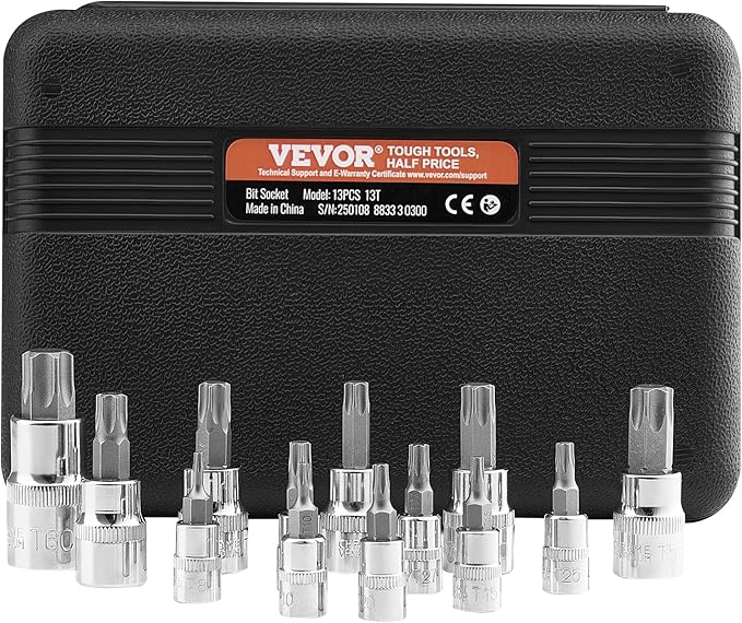 VEVOR Torx Bit Socket Set, 13-Piece Star T8 - T60 Set, S2 Alloy Steel and Cr-V Steel, 1/4 in, 3/8 in, and 1/2 in Drives, with Enhanced Storage Case, Torx Sockets for Hand Use, Mechanics, Auto Repair