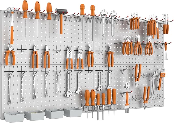 WALMANN Metal Pegboard Kit with Accessories for Wall Garage Tools Storage Pegboard for Garage, Workbench, Modular Peg Board Tool Organizer Board with Hooks(Grey)