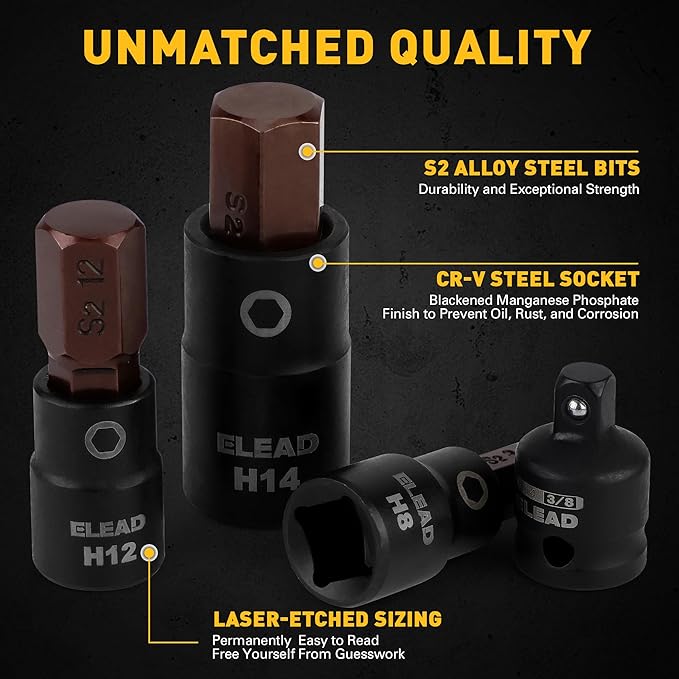16-Piece Metric Hex Bit Socket Set - Premium S2 Steel 2mm-14mm Allen Socket Set with Socket Adapters, 1/4”, 3/8” and 1/2” Drive | Professional Mechanic Garage Tools