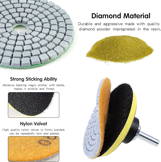 Diamond Polishing Pads 3 inch Wet/Dry Polishing Kit 10pcs 50#-3000# Grit Pads Plus a Backer Pad for Granite Concrete Marble Polishing