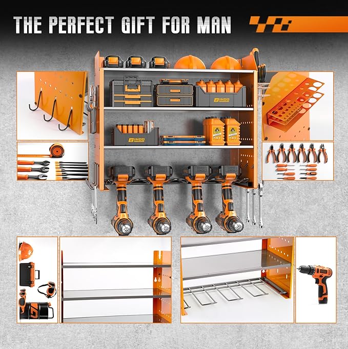 4 Tier Garage Tool Organizer, Drill Holder Wall Mount,Power Tool Storage,Heavy Duty Rack with Hooks,Mens Gifts Orange