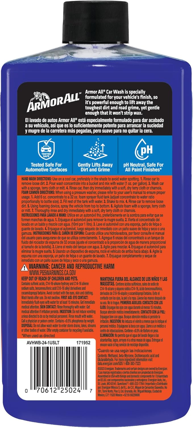 Armor All Car Wash, 24 fl oz Bottle, pH Neutral Car Wash Soap for Hand Wash or Foam Cannon