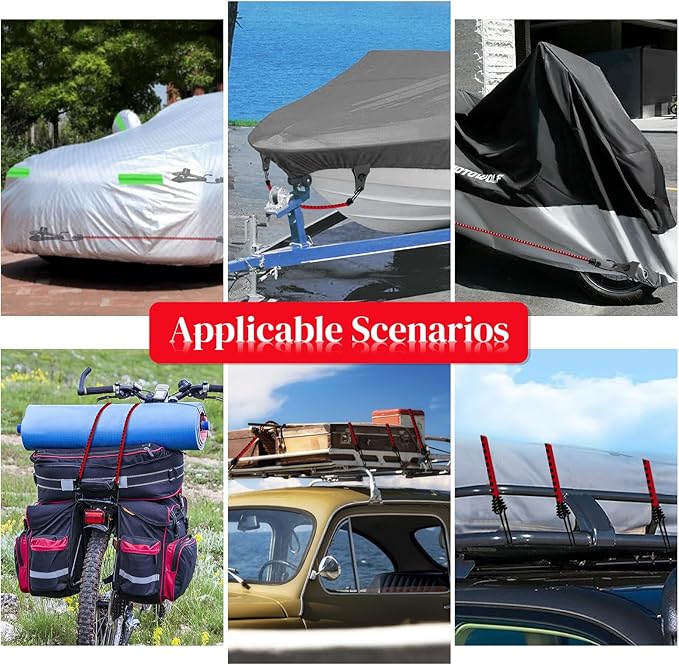 Hlogree 2PCS Car Cover Gust Straps Wind Protector,Bungee Cords Hook Clips Kit Hold Tarp Tie Down from Blowing Off in High Winds-Universal Fit for Most Cars,Sedans,SUVs,Trucks,Vans and More-Red