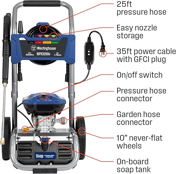 Westinghouse WPX3200e Electric Pressure Washer, 3200 Max PSI and 1.76 Max GPM, Universal Motor, Onboard Soap Tank, Spray Gun and Wand, 5 Nozzle Set, for Cars/Fences/Driveways/Homes/Patios/Furniture