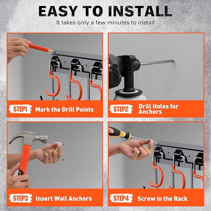 ELEAD 68'' All Metal Adjustable Garden Tool Organizer: Garage Tool Organizer Wall Mount with Orange Hooks, Garage Organizers and Storage, Tool Hangers for Shed