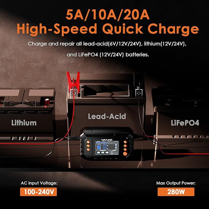 WAVLINK 280W Smart Battery Charger, Max. 20A Trickle Charger with LCD Display, for 6V/12V/24V Lead-Acid/Lithium/LiFePO4 Batteries, Battery Maintainer and Desulfurizer for Cars (20-amp)