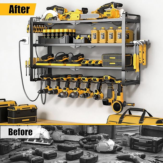 MOOMSINE Large Power Tool Organizer Wall Mount with Charging Station, 400lbs Metal Storage Rack with 8 Cordless Drill Holder, 4 Tier Heavy Duty Battery Tool Shelf with 5 Outlet Power Strip for Garage