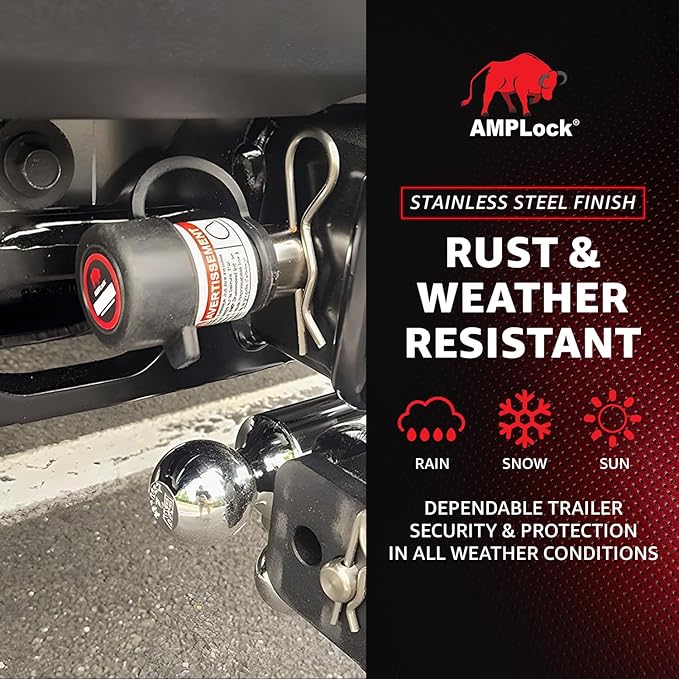 AMPLock - U-HLP12 1/2" Heavy Duty Trailer Hitch Lock with Swivel Design - Anti theft, Keyed Alike, Patented RV Trailer Hitch Lock Pin with Keys for 1.25"x1.25" Receiver Tube, Stainless Steel Tow Locks