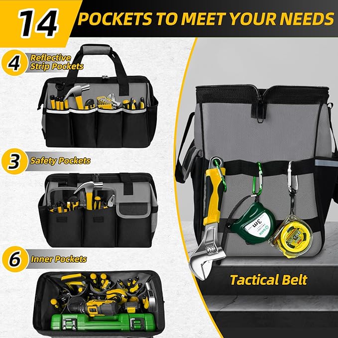 NECKORY Tool Bag, Portable Tool Box Organizer Adjustable Shoulder Strap, Carry Tool Tote Heavy Duty Tool Storage Bag With Wide Mouth,Tool Bags for Men Mechanic EngineerGift - L, Dark Grey & Black