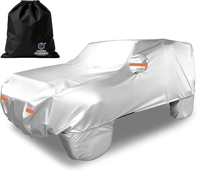 iCOVER Car Cover for Jeep Wrangler 4 Door, Waterproof Jeep Cover with Detachable Tire Covers, All Weather Outdoor Full Exterior Jeep Covers, Snow UV Protection Jeep Wrangler Cover, Fits up to 191"